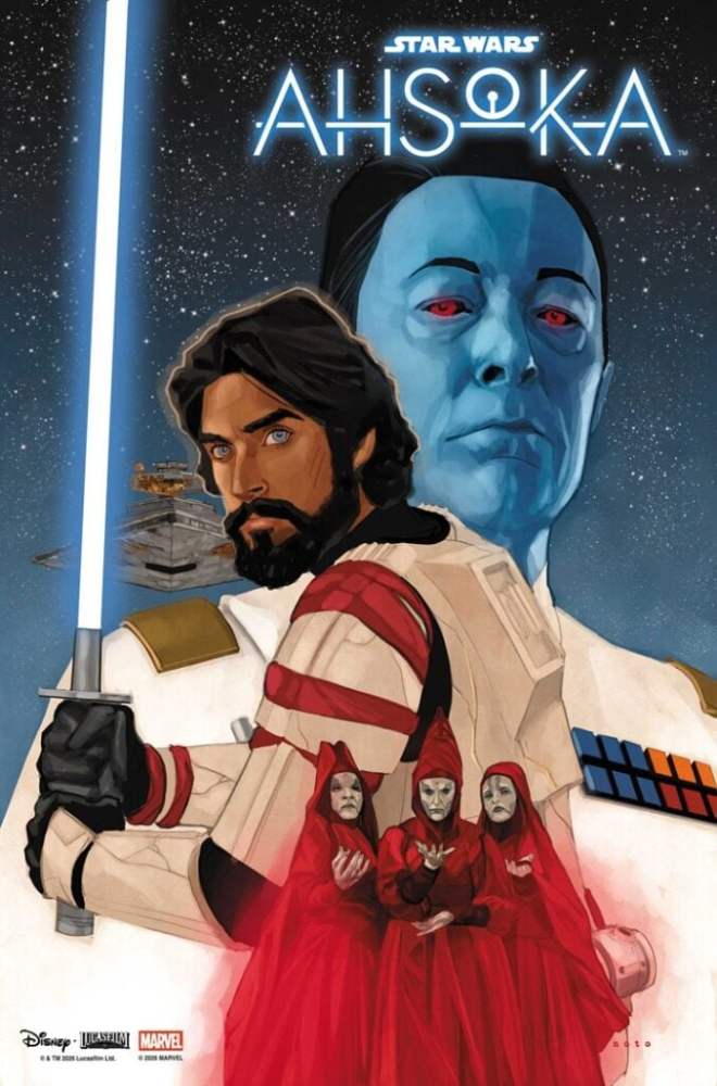 A promotional image featuring characters from Star Wars: Ahsoka, including a man holding a lightsaber, a blue-skinned character with red eyes, and three figures in red cloaks.