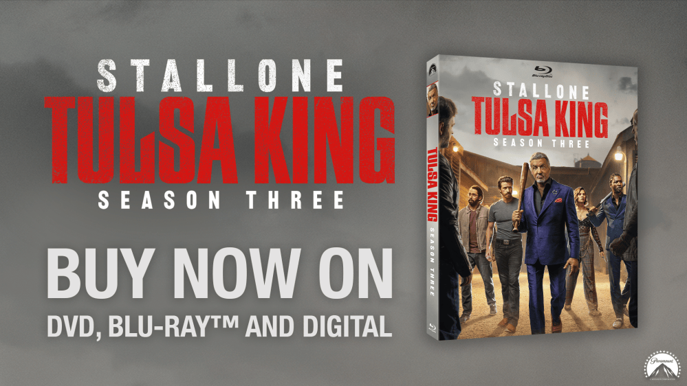 Promotional image for 'Tulsa King' Season Three featuring the show's title, a DVD/Blu-ray cover, and a call to action to buy now.