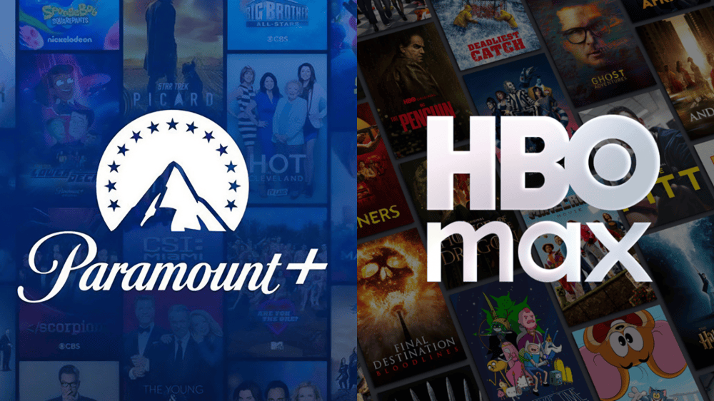 Logos of Paramount+ and HBO Max displayed alongside a collage of various show and movie thumbnails.